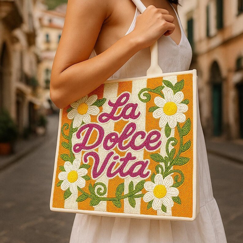 Lemon Tote, La Dolce Vita Bag, Floral Tote, Summer Handbag, Beaded Lemon Tote, Floral Handbag, Italian Bag, Handmade Tote, Tote Gift for Her image 4