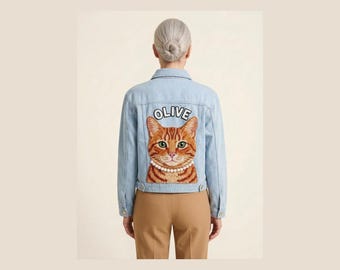 Custom Beaded Pet Denim Jacket, Personalized Cat Portrait Jean Jacket with Pearl Collar and Name, Hand Beaded Tabby Cat Gift
