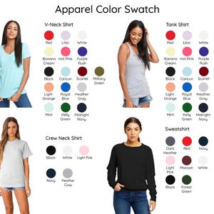 The image is a color swatch featuring various apparel items, including a V-neck shirt, a tank top, a crew neck shirt, and a sweatshirt. The swatch includes different color options for each item, such as red, white, blue, purple, and green.
