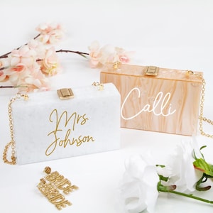 Personalized Acrylic Purse, Custom Mrs. Last Name Clutch, Custom Wedding Purse, Custom Bride Clutch, Custom Marbled Acrylic Clutch for Bride