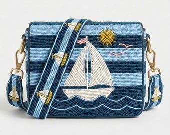Beaded Sailboat Clutch, Nautical Purse, Coastal Handbag, Beach Bag, Ocean Purse, Resort Clutch, Summer Crossbody, Vacation Bags, Sailing Bag