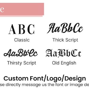 a variety of font styles, including block, classic, thick script, bubble, golden hills script, and old English. The text "Font Style" is prominently displayed at the top, and the bottom of the image provides instructions for custom font design, stating that the user should directly message the font or image desired. The image is a collage of individual font images, and the user should avoid redundancy and vague descriptions by focusing on the specific font or image being described.