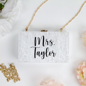 Custom Acrylic Mrs Last Name Box Clutch, Personalized Bachelorette Acrylic Box Clutch, Wedding Box Clutch, Wedding Purse, Bridal Clutch Gift