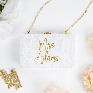 Mrs. Last Name Acrylic Box Clutch, Bridal Clutch Purse, Personalized Bride Marbled Clutch Bag, Personalized Marbled Box Clutch for the Bride