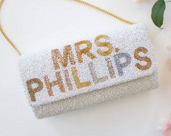 MRS. (LAST NAME) Half Barrel Custom Beaded Clutch – Beaded Clutch, Bride Clutch, Mrs Purse, Custom Clutch, Wedding Clutch, Mrs Bag - Fog