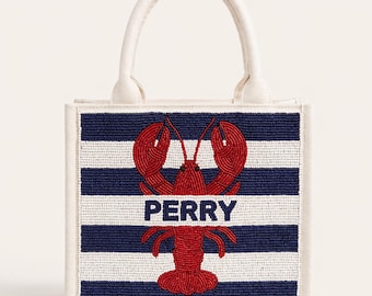 Striped Lobster Tote Bag, Nautical Stripe Bag, Lobster Stripe Tote, Coastal Stripe Tote, Blue Stripe Mini Bag, Nautical Beaded Mini Tote Bag