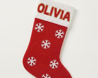 Personalized Beaded Christmas Stocking with Name, Custom Red Holiday Stocking with Snowflakes, Hand Beaded Mantel Decor