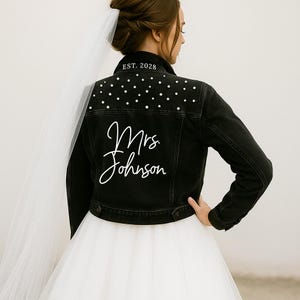 Black Pearl Mrs LAST NAME Jean Jacket, Bride Pearl Denim Jacket, Custom Denim Jacket, Personalized Denim Jacket, Bachelorette Jean Jacket