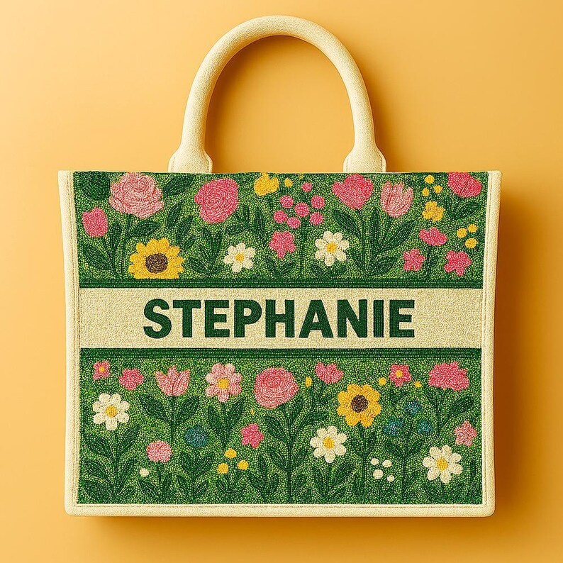 Personalized Beach Tote Bags, Custom Name Bags, Ocean Wave Purses, Coastal Handbag, Beaded Beach Tote, Tropical Tote Bag, Sea Life Tote Bags Design 1