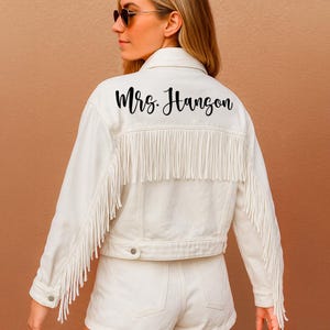 White Fringe Denim Jackets, Bride Jean Jackets, Custom Bride Denim Jacket, Denim Jacket, Bachelorette Jean Jacket, Personalized Mrs Jacket