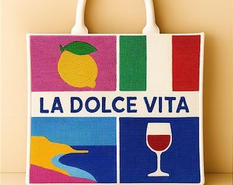 Draagtas Italië, draagtas Italiaanse vlag, draagtas citroen, draagtas wijnglas, draagtas La Dolce Vita, draagtas Italiaanse stijl, draagtas Italië met kralen, reistas, draagtas Italië