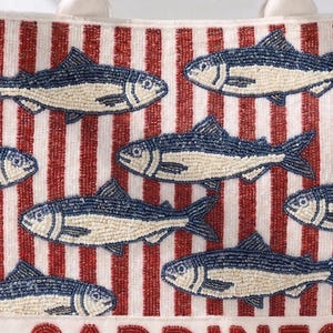 Sardine Beaded Tote, Striped Sardine Bag, Red Navy Tote, Coastal Stripe Tote, Fish Pattern Bag, Mediterranean Tote Bags, Beaded Canvas Totes image 2
