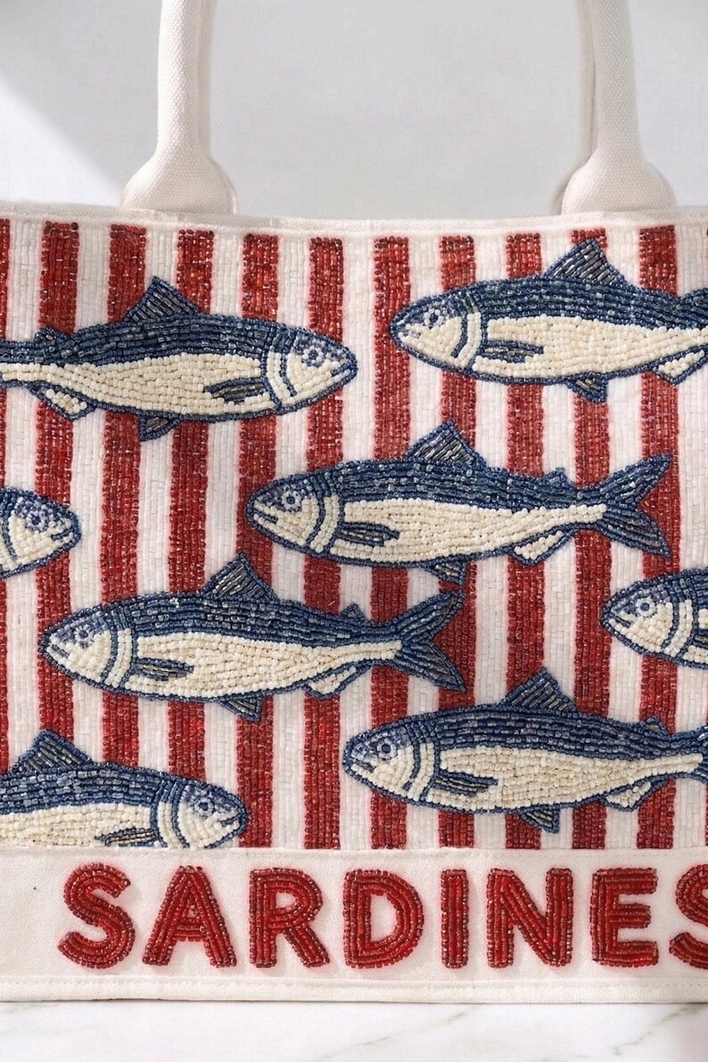 Sardine Beaded Tote, Striped Sardine Bag, Red Navy Tote, Coastal Stripe Tote, Fish Pattern Bag, Mediterranean Tote Bags, Beaded Canvas Totes image 2