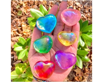 Aura Quartz Crystals, Crystal Aura Hearts, Aura Quartz Hearts, Chakra Colors, Rainbow Aura Colors