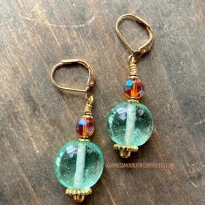 Aqua Green Earrings, lampworked glass Beads, Coin Shaped Earrings, Wire Wrapped Earrings, Round Earrings, Glass Beads