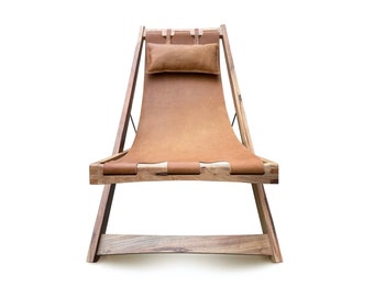 Quilpo Leather Sling Chair, Handcrafted Solid Wood & Full-Grain Leather Lounger from Argentina