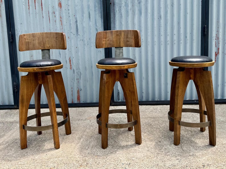 Swivel stool (Backless) Handcrafted Midcentury Modern Design in Hardwood and Steel image 7
