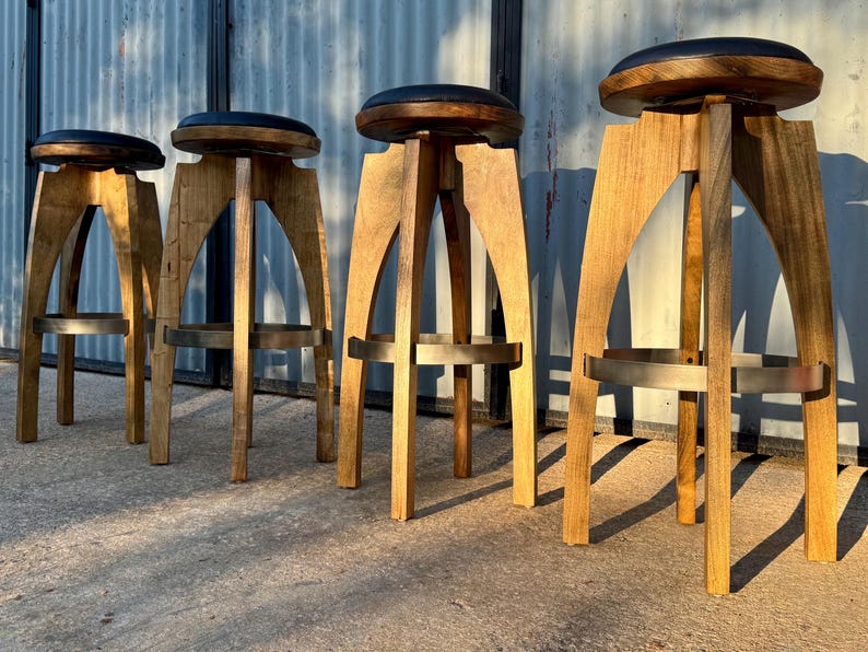 Swivel stool (Backless) Handcrafted Midcentury Modern Design in Hardwood and Steel image 19