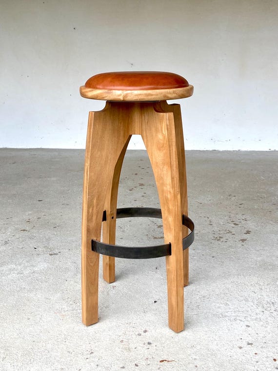 Swivel stool (Backless) Handcrafted Midcentury Modern Design in Hardwood and Steel
