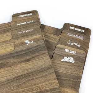 Divisores de nogal grabados de doble cara personalizables, 10 piezas, organizador de estantes para discos de vinilo para organizar colecciones de discos, cómics, CD y DVD.