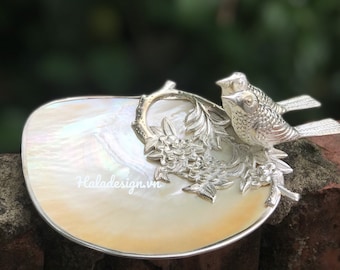 Hand Chased Silver Plated Birds on Mother of Pearl Dish, Luxury Baroque Shell Decor, Artisan Collectible Jewelry Tray or Decorative Dish