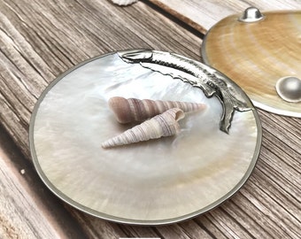 Mother of Pearl Round Caviar Plate With Beluga Sturgeon Silver Trim, Caviar set, Soap Dish , Candy Dish, Home decor, Collectible Dish