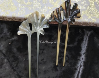 Horn Gingko Hair Pin, Oriental Hand Carving buffalo Horn Hair Pins ,Horn Hair Stick ,Bonatical Hair Stick , Horn Hair Fork ,Hair Accessory