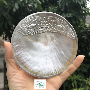 Mother of Pearl Round Plate With Silver Trim, Caviar set, Soap Dish , Candy Dish, Gold Lip Oyster, Home decor, Collectible Dish