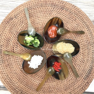 Puede incluir: Un juego de seis cuencos pequeños de forma ovalada hechos de cuerno, cada uno con una cuchara a juego. Los cuencos están llenos de varios ingredientes, incluyendo cebolla verde picada, arroz blanco, chiles rojos, azúcar y una salsa roja. Los cuencos están dispuestos sobre una estera de mimbre tejida.