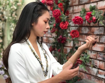 Collier en corne de buffle avec combinaison naturelle, collier à maillons de chaîne gradué, corne de buffle noir et blanc, bijoux en corne de buffle Vietnam