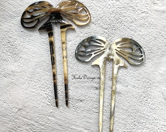 Butterfly Horn Hair Stick, 2 Prongs Hair Comb, Horn Carving, Hair Fork, Art Nouveau Hair accessory, Horn Hair Stick