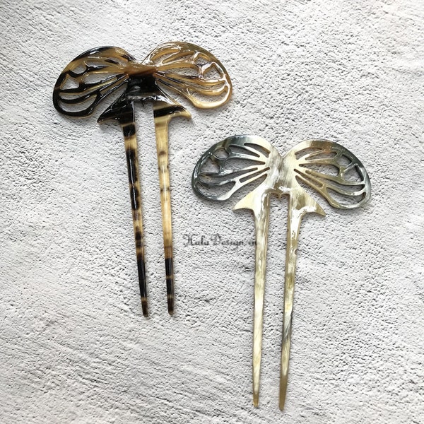 Bastone per capelli in corno di farfalla, pettine per capelli a 2 rebbi, intaglio del corno, forchetta per capelli, accessorio per capelli Art Nouveau, bastoncino per capelli in corno