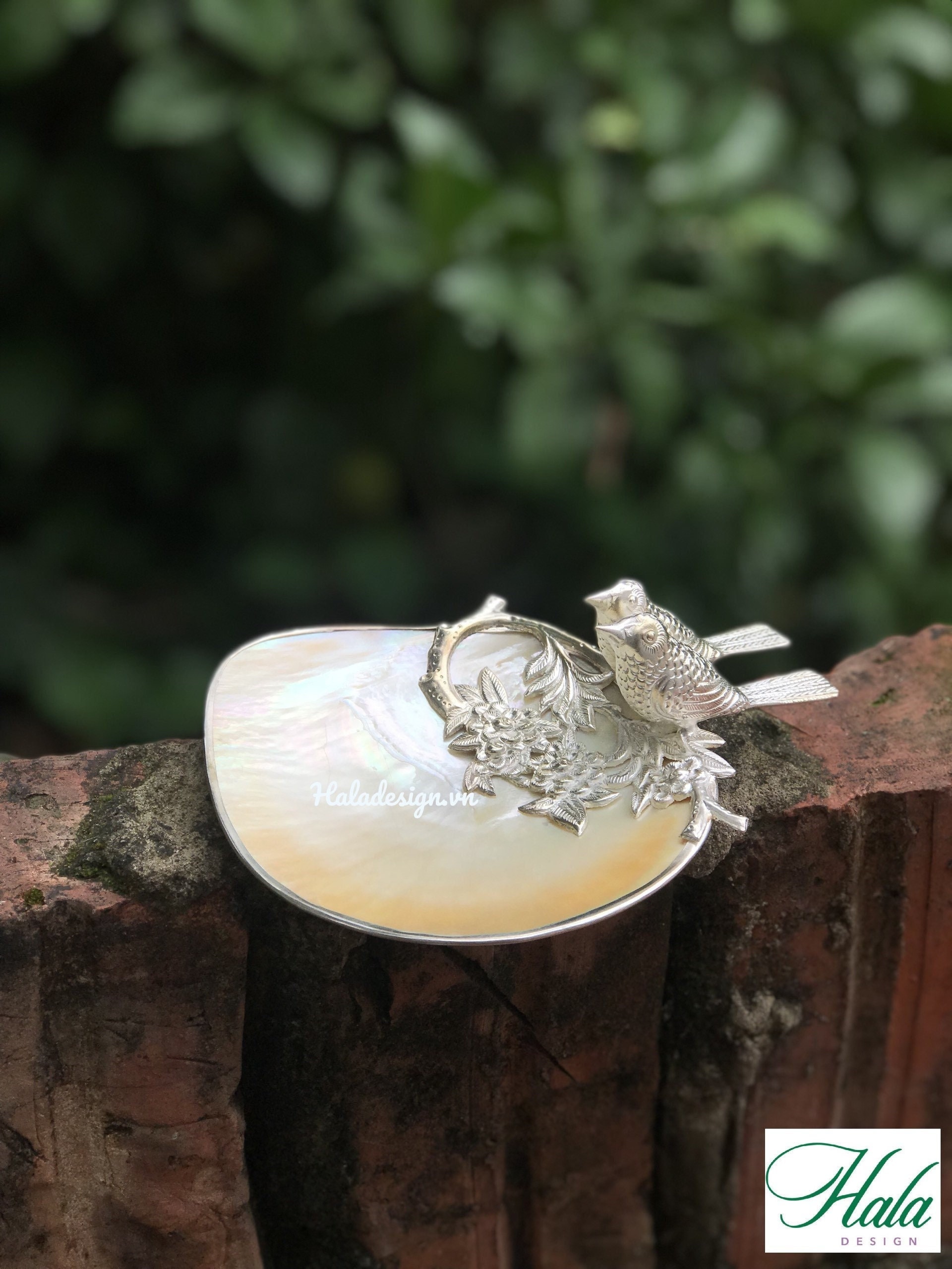 Hand Chased Silver Plated Birds on Mother of Pearl Dish, Luxury