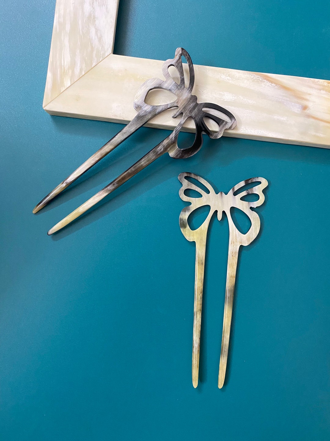 Butterfly Horn Hair Stick, 2 Prongs Hair Comb, Horn Carving, Hair Fork