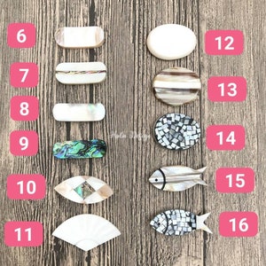 May include: Assortment of 10 mother of pearl shell hair clips in various shapes and patterns. The clips are numbered 6 through 16.
