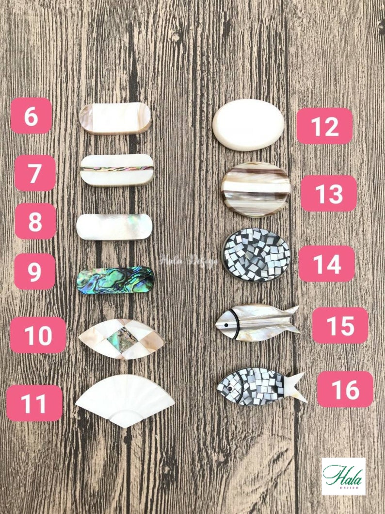 May include: Assortment of 10 mother of pearl shell hair clips in various shapes and patterns. The clips are numbered 6 through 16.
