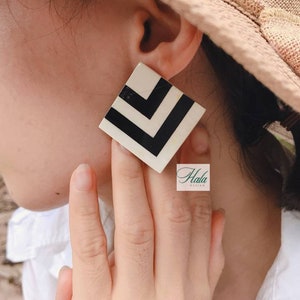 Rhombus Horn Earrings With Hypoallergenic Stainless Steel Studs ,Black and White Earrings ,Geometric stud earrings, Buffalo Horn Jewelry