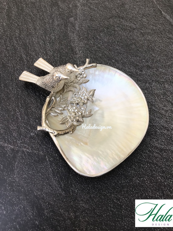 Hand Chased Silver Plated Birds on Mother of Pearl Dish, Luxury