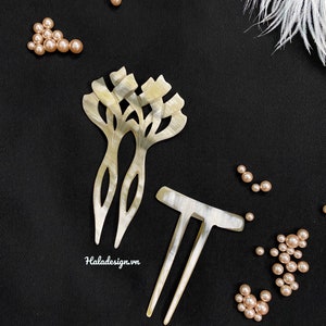 Puede incluir: Dos peines para el cabello hechos de concha de color marrón claro. Un peine tiene un diseño decorativo de una flor estilizada. El otro peine tiene dos púas. Los peines están rodeados de pequeñas perlas marrones claras.