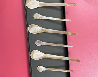 May include: Set of six mother of pearl spoons in a black box. The spoons are different sizes and are arranged in order of size. The box has the text "Haladesign.vn" printed on the front.