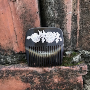 Art Nouveau Hair Comb With Sliver Plated Rose Design,  Scandinavian Skonvirke Hair Comb , Hair accessory, Horn Carving, Hair Ornament