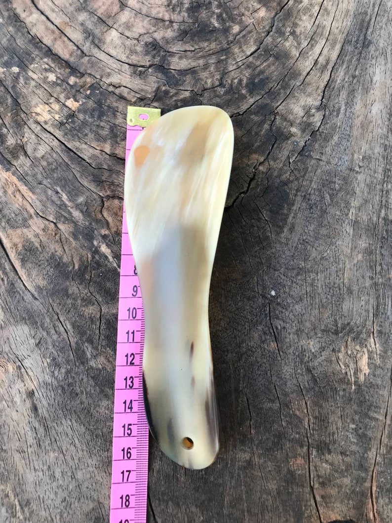 May include: A light brown horn shoe horn with a hole near the bottom. The horn is about 6 inches long and is measured against a pink tape measure.