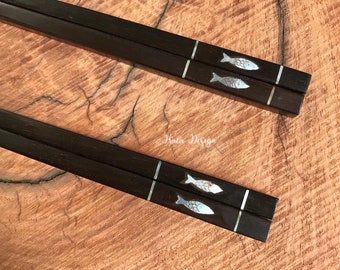 Handmade rosewood chopsticks with mother of pearl inlaid and Rest , Fish Pattern Chopsticks,Wooden chopsticks , Rosewood Chopsticks , Pisces