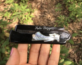 Engraved Beard Comb - Buffalo Horn Comb With Shell Inlaid - Personalized Beard Brush - Beard Comb Customized - Grooming Comb - Fold Up Comb