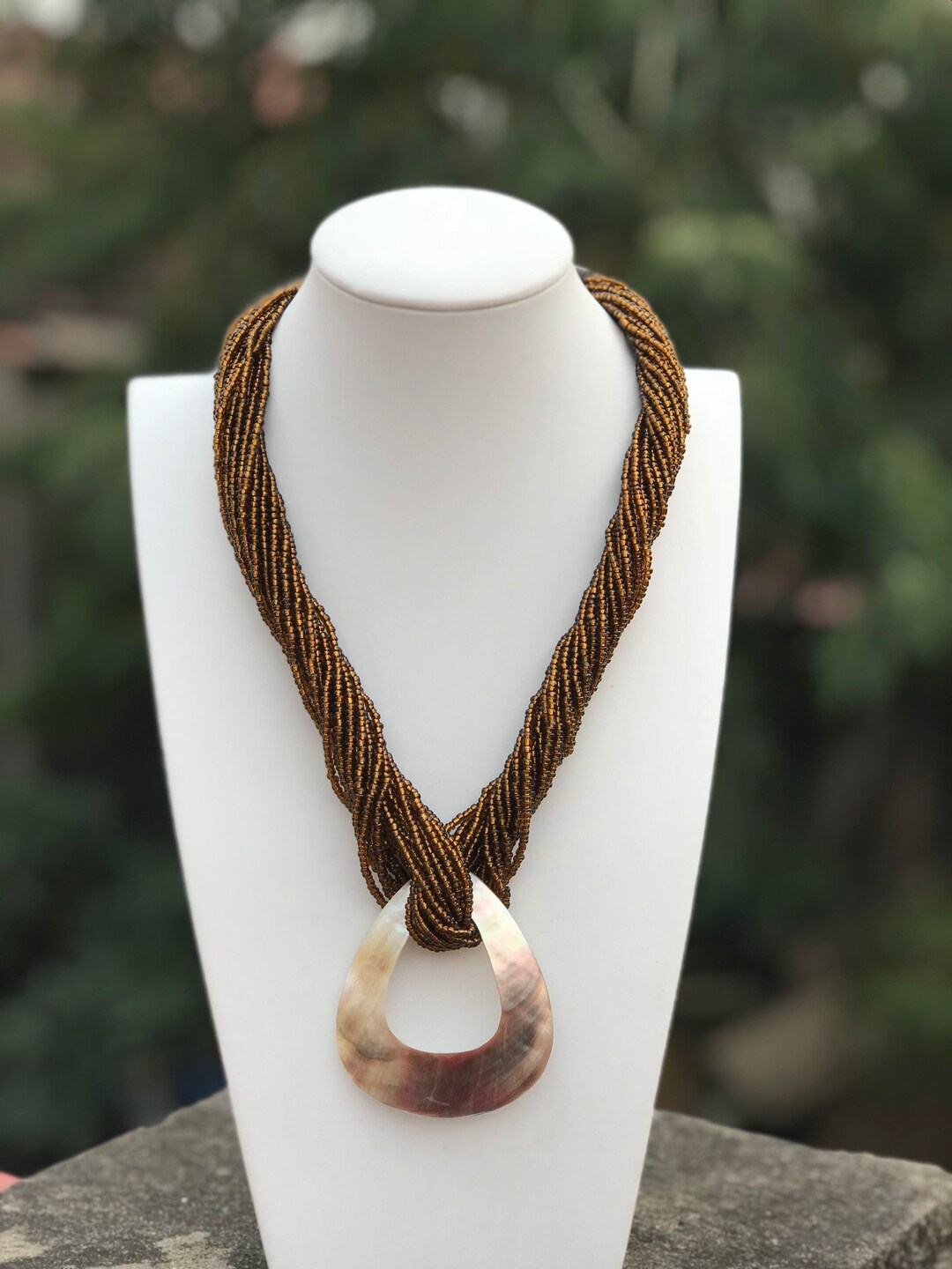 Multi Strand Seed Bead Necklace With Mother of Pearl Pendant, Glass ...
