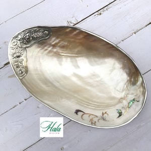 Dekorative Riesenmuschel mit Silberverzierung, Perlmuttschale, Seashell Dish, Catchall Shell Dish, Coastal Home Decor