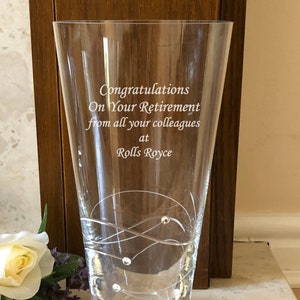 Personalised Engraved  20cm Diamante Crystal Vase Retirement Leaving Work Long Service Thank You Gift