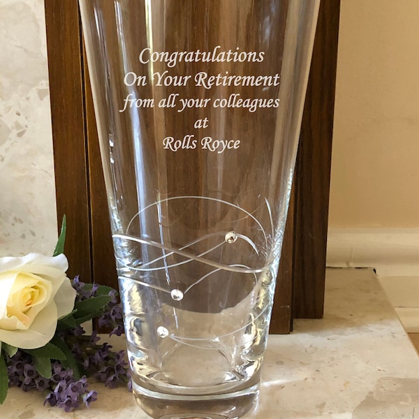 Personalised Engraved Large 25cm Diamante Crystal Vase Retirement Leaving Long Service Thank You Gift