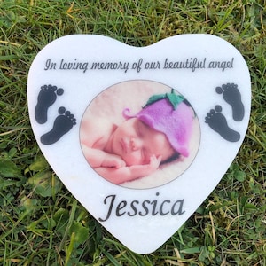 Photo Personalised White Marble Heart Child Baby Infant Memorial Plaque Grave Marker - Footprints Design