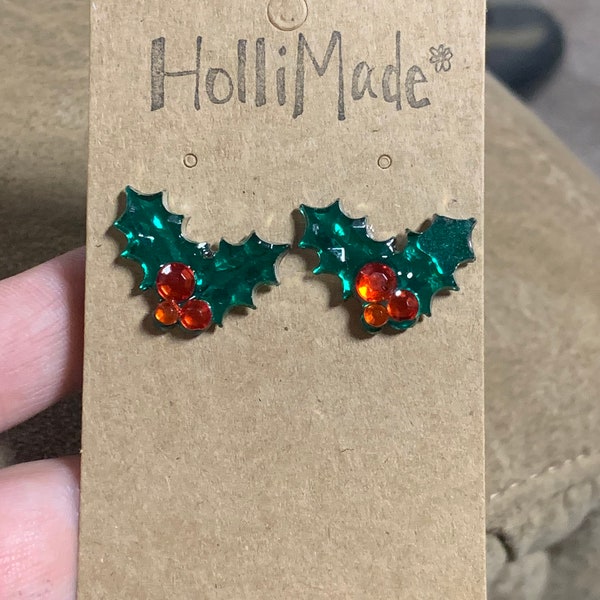 Jewel holly leaf Christmas earrings